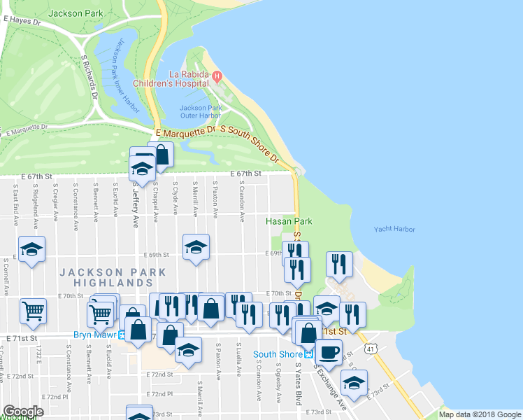 map of restaurants, bars, coffee shops, grocery stores, and more near 6756 South Oglesby Avenue in Chicago