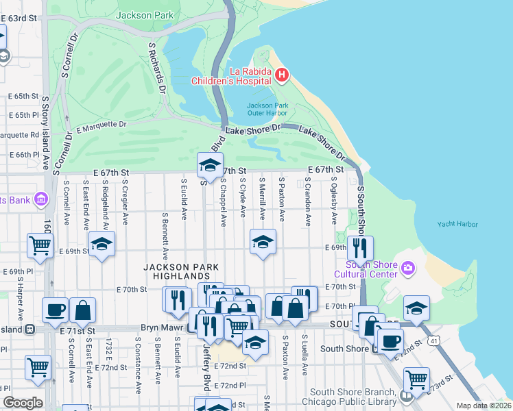 map of restaurants, bars, coffee shops, grocery stores, and more near 2120 East 68th Street in Chicago