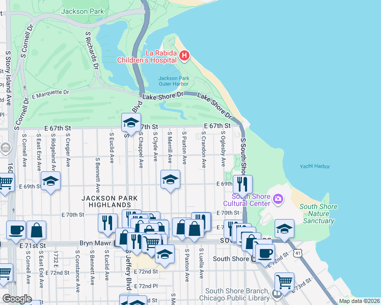 map of restaurants, bars, coffee shops, grocery stores, and more near 2210 East 68th Street in Chicago