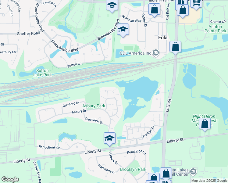 map of restaurants, bars, coffee shops, grocery stores, and more near 1033 Woodview Court in Aurora