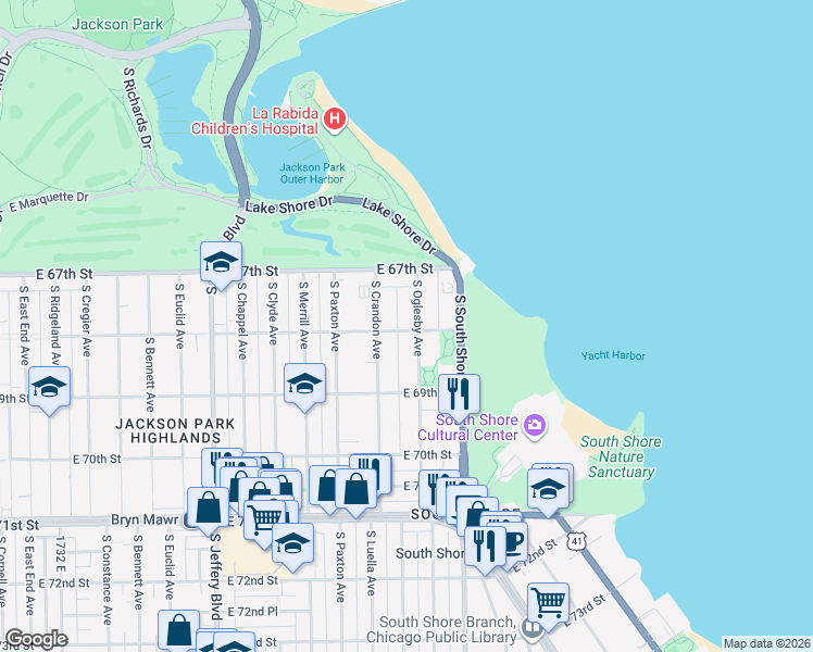 map of restaurants, bars, coffee shops, grocery stores, and more near 6752 South Oglesby Avenue in Chicago