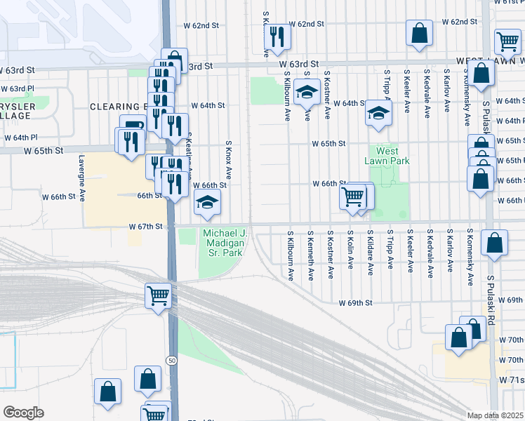 map of restaurants, bars, coffee shops, grocery stores, and more near 4543 West 66th Place in Chicago