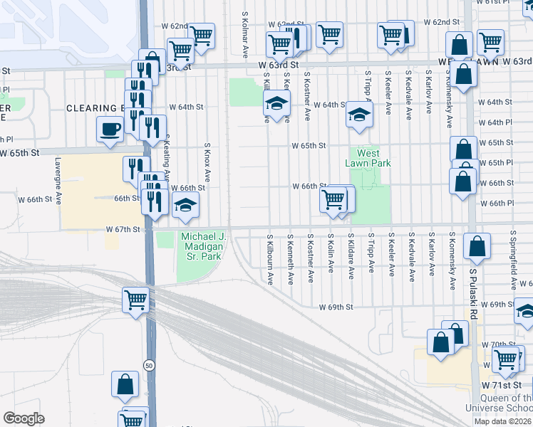 map of restaurants, bars, coffee shops, grocery stores, and more near 4501 W 66th Pl in Chicago