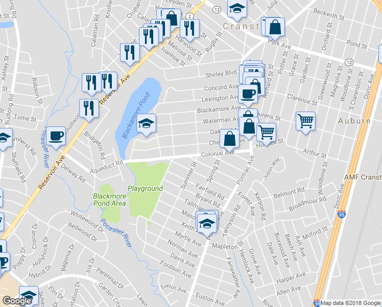 map of restaurants, bars, coffee shops, grocery stores, and more near 107 Colonial Avenue in Cranston