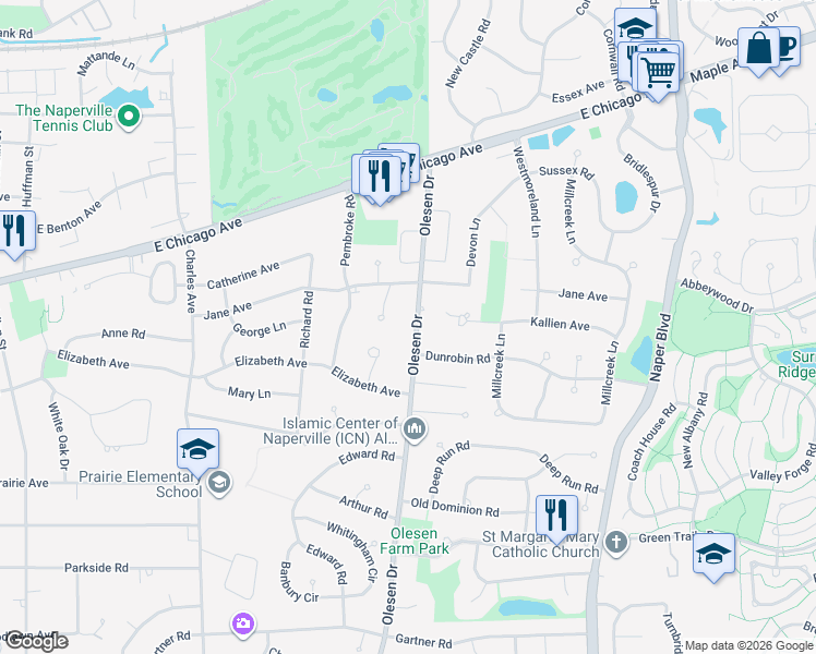 map of restaurants, bars, coffee shops, grocery stores, and more near 221 Olesen Drive in Naperville