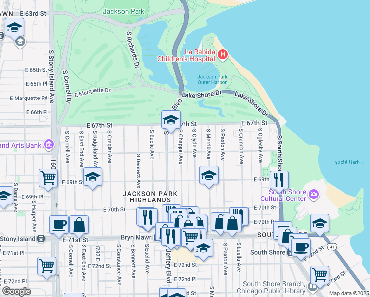 map of restaurants, bars, coffee shops, grocery stores, and more near 6751 South Chappel Avenue in Chicago