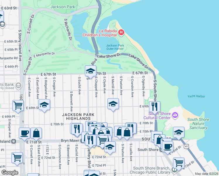 map of restaurants, bars, coffee shops, grocery stores, and more near 2116 East 68th Street in Chicago