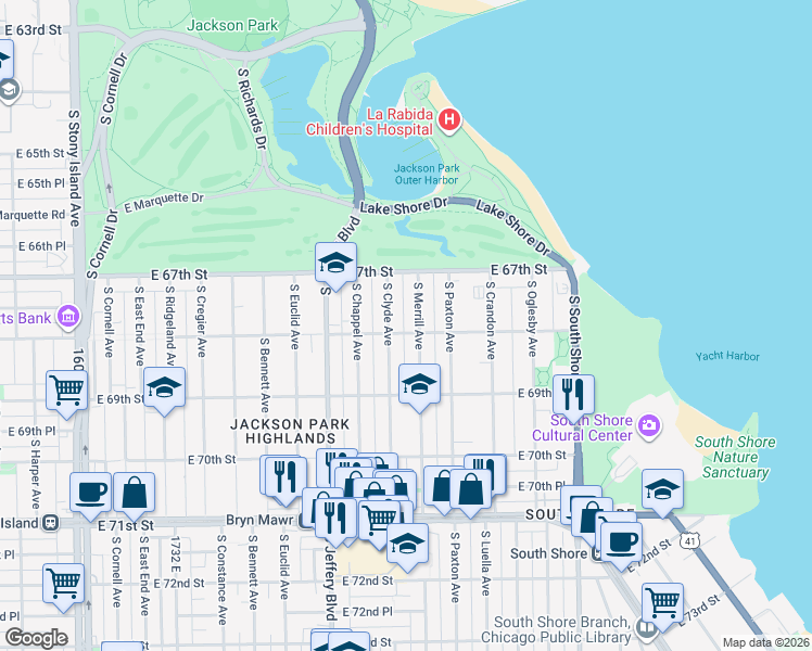map of restaurants, bars, coffee shops, grocery stores, and more near 2118 East 68th Street in Chicago
