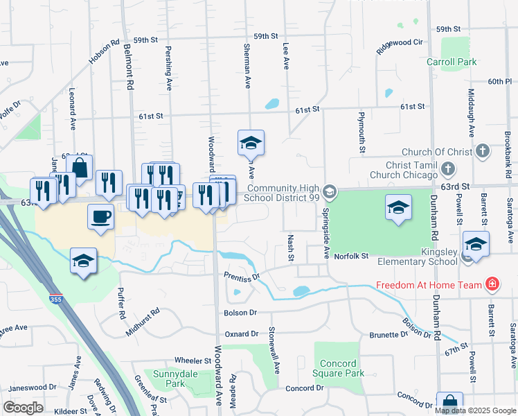 map of restaurants, bars, coffee shops, grocery stores, and more near 1887 Brighton Street in Downers Grove