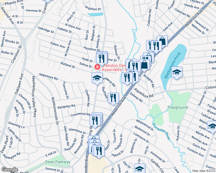 map of restaurants, bars, coffee shops, grocery stores, and more near 36 Lenox Road in Cranston