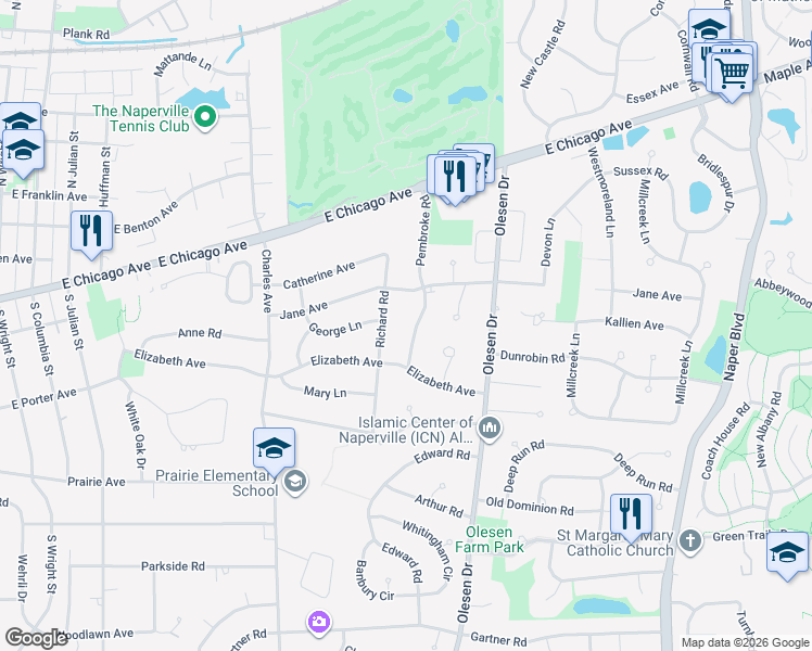 map of restaurants, bars, coffee shops, grocery stores, and more near 223 Pembroke Road in Naperville