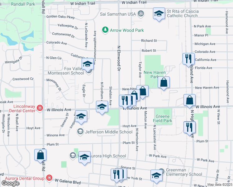 map of restaurants, bars, coffee shops, grocery stores, and more near 740 North Elmwood Drive in Aurora