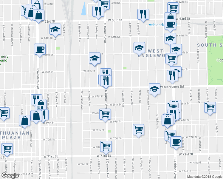 map of restaurants, bars, coffee shops, grocery stores, and more near 1943 West Marquette Road in Chicago