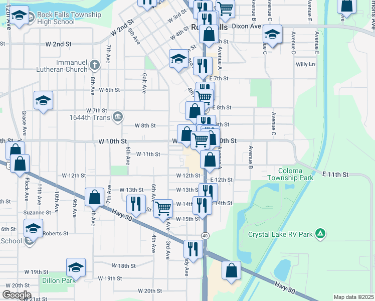 map of restaurants, bars, coffee shops, grocery stores, and more near 1002 1st Avenue in Rock Falls