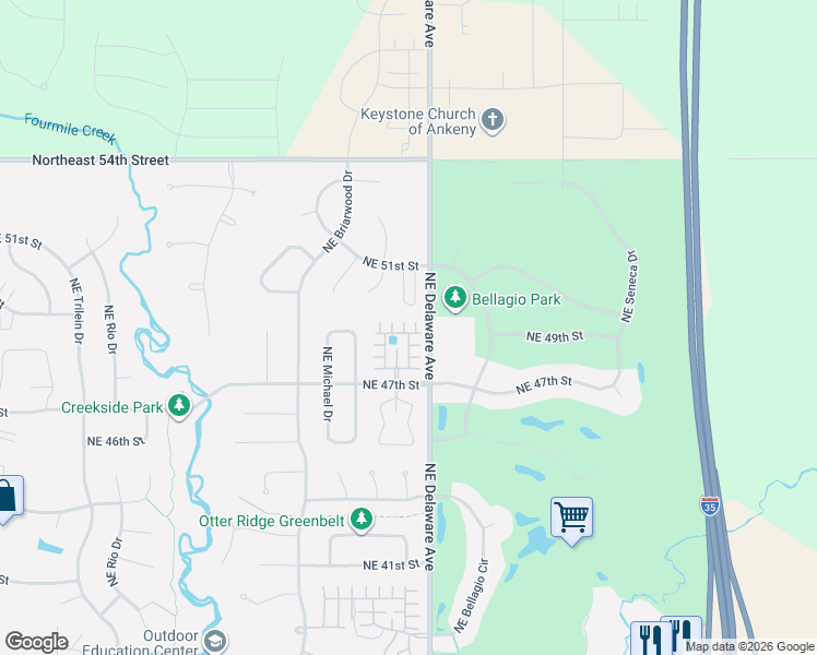 map of restaurants, bars, coffee shops, grocery stores, and more near 1020 Northeast 49th Lane in Ankeny