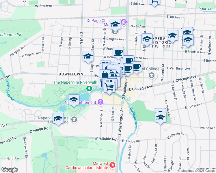 map of restaurants, bars, coffee shops, grocery stores, and more near 106 Jackson Avenue in Naperville