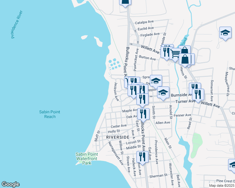 map of restaurants, bars, coffee shops, grocery stores, and more near 15 Jefferson Avenue in East Providence