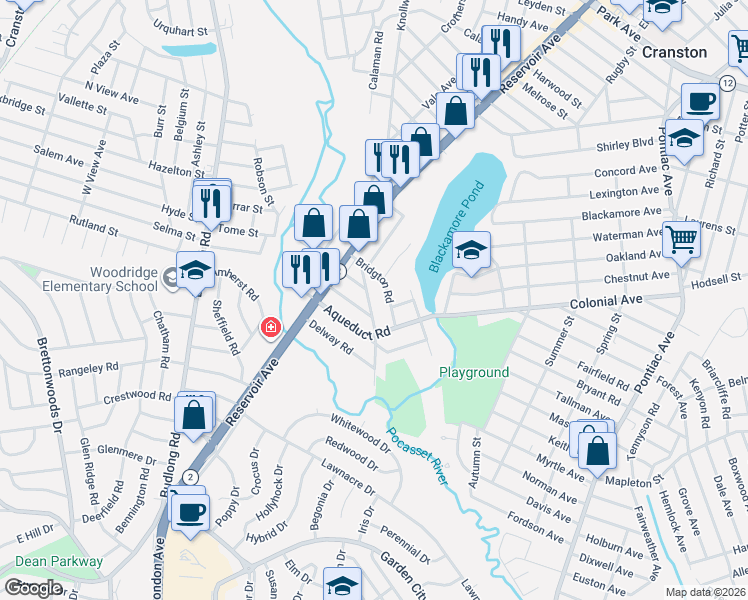 map of restaurants, bars, coffee shops, grocery stores, and more near 23 Bridgton Road in Cranston