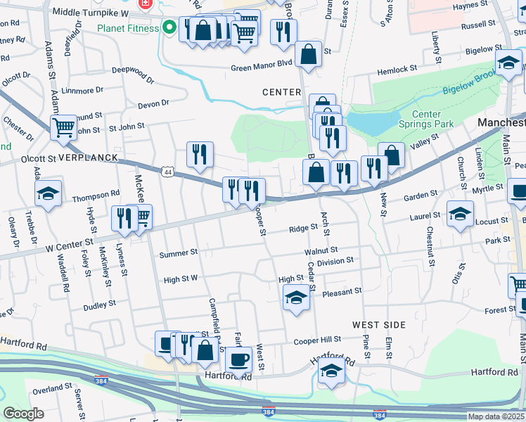 map of restaurants, bars, coffee shops, grocery stores, and more near 46 West Center Street in Manchester