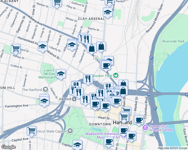map of restaurants, bars, coffee shops, grocery stores, and more near 234 High Street in Hartford