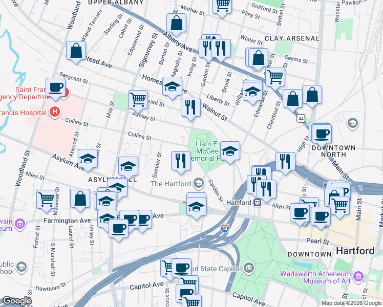 map of restaurants, bars, coffee shops, grocery stores, and more near in Hartford