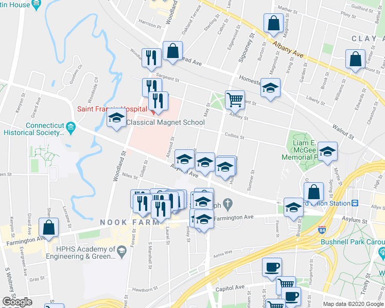 map of restaurants, bars, coffee shops, grocery stores, and more near 3450 Willard Street in Hartford