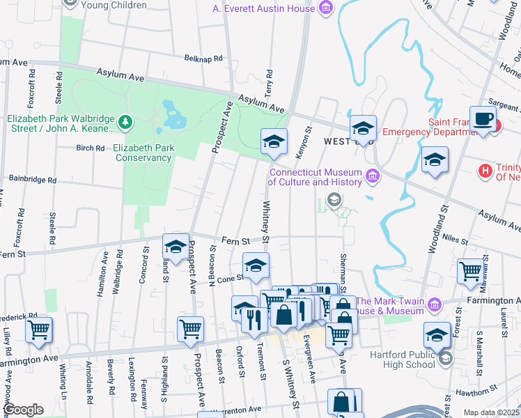 map of restaurants, bars, coffee shops, grocery stores, and more near 256 Oxford Street in Hartford