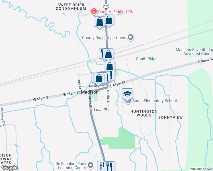 map of restaurants, bars, coffee shops, grocery stores, and more near 22 West Main Street in Madison