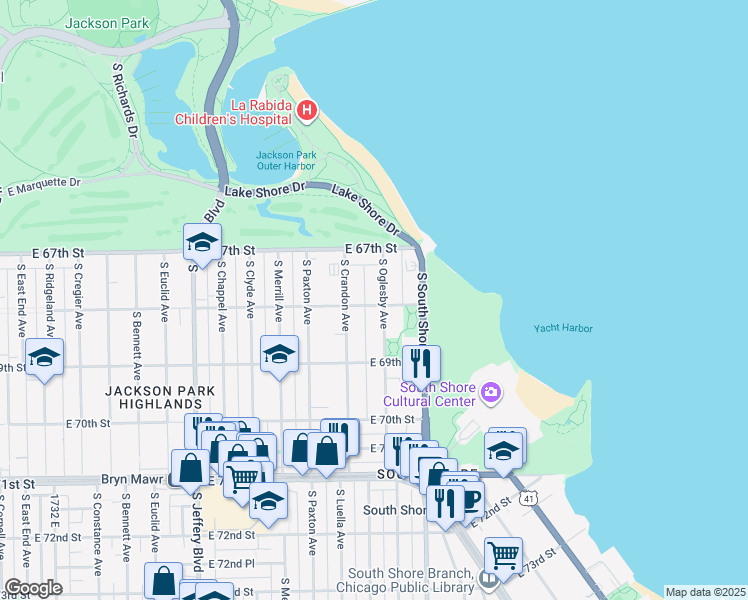 map of restaurants, bars, coffee shops, grocery stores, and more near 6752 South Oglesby Avenue in Chicago