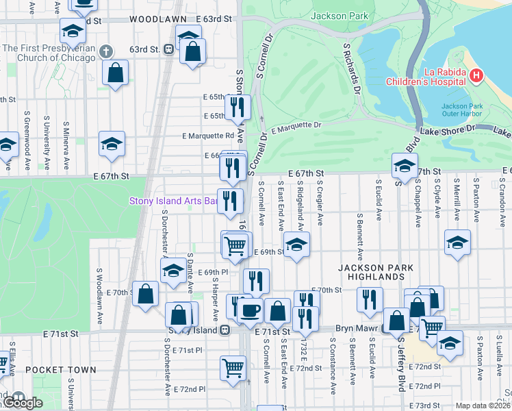 map of restaurants, bars, coffee shops, grocery stores, and more near 6738 South Cornell Avenue in Chicago