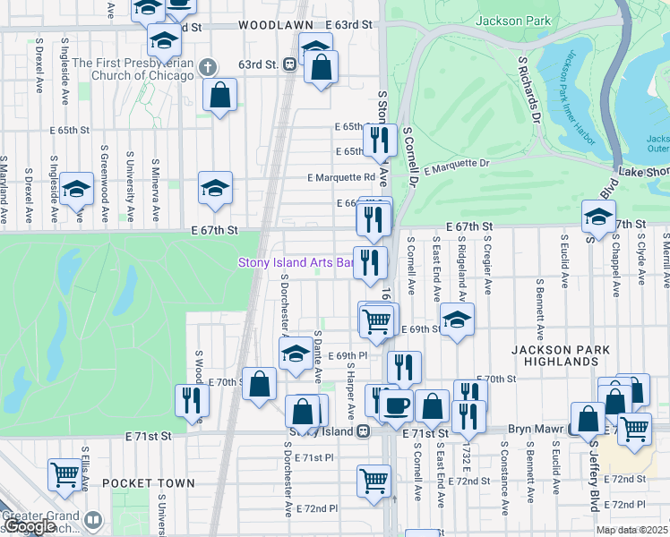 map of restaurants, bars, coffee shops, grocery stores, and more near 1517 East 67th Place in Chicago