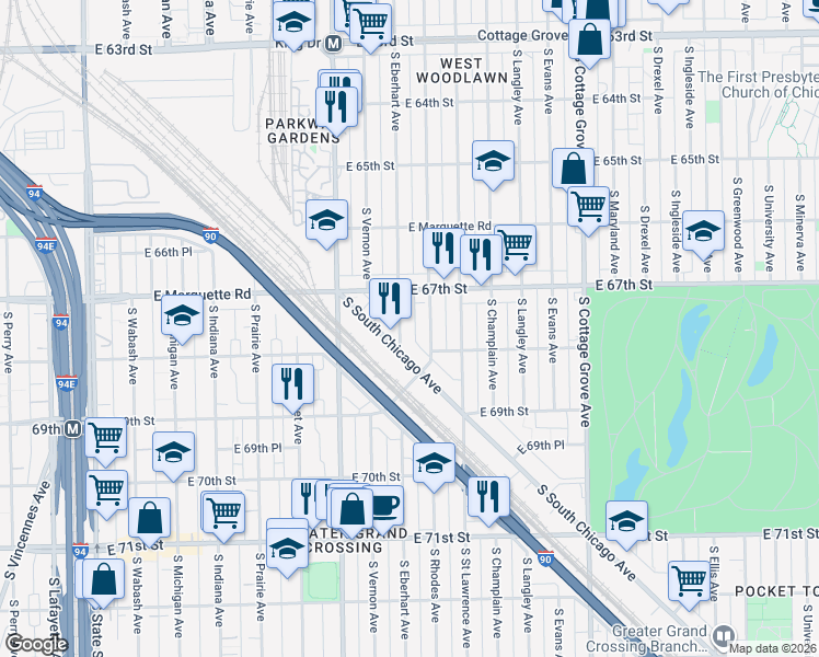 map of restaurants, bars, coffee shops, grocery stores, and more near 6732 South Rhodes Avenue in Chicago