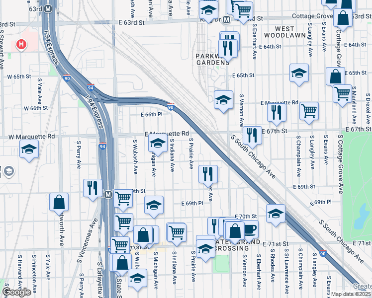 map of restaurants, bars, coffee shops, grocery stores, and more near 6727 South Indiana Avenue in Chicago