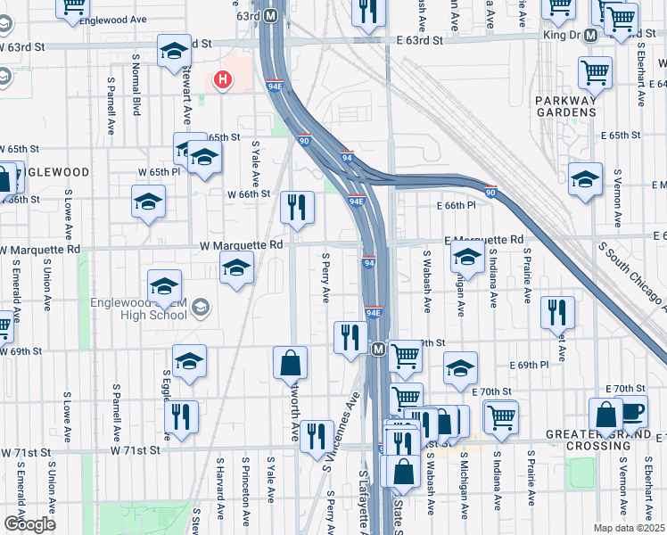 map of restaurants, bars, coffee shops, grocery stores, and more near 6724 South Perry Avenue in Chicago