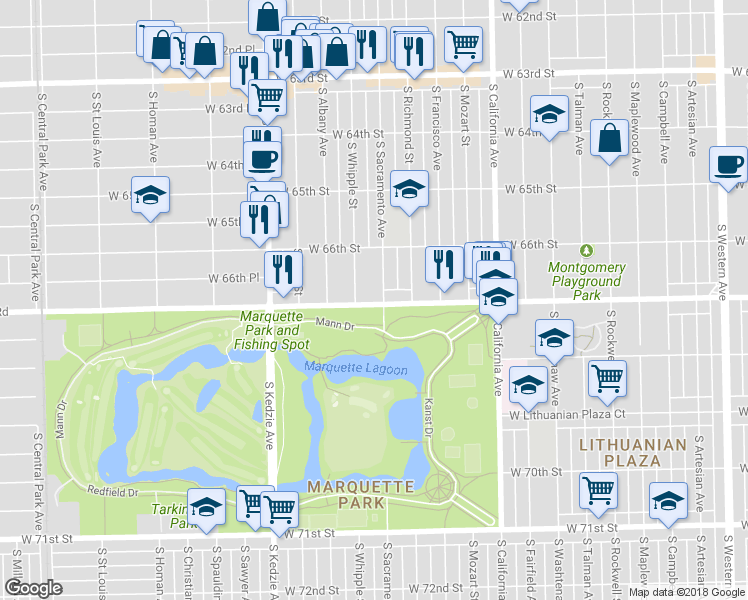 map of restaurants, bars, coffee shops, grocery stores, and more near 3030 West Marquette Road in Chicago