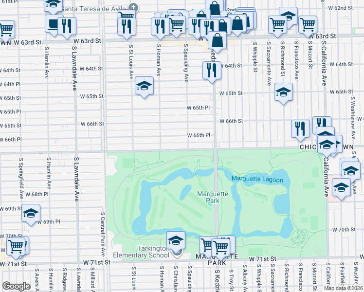 map of restaurants, bars, coffee shops, grocery stores, and more near 3322 West Marquette Road in Chicago