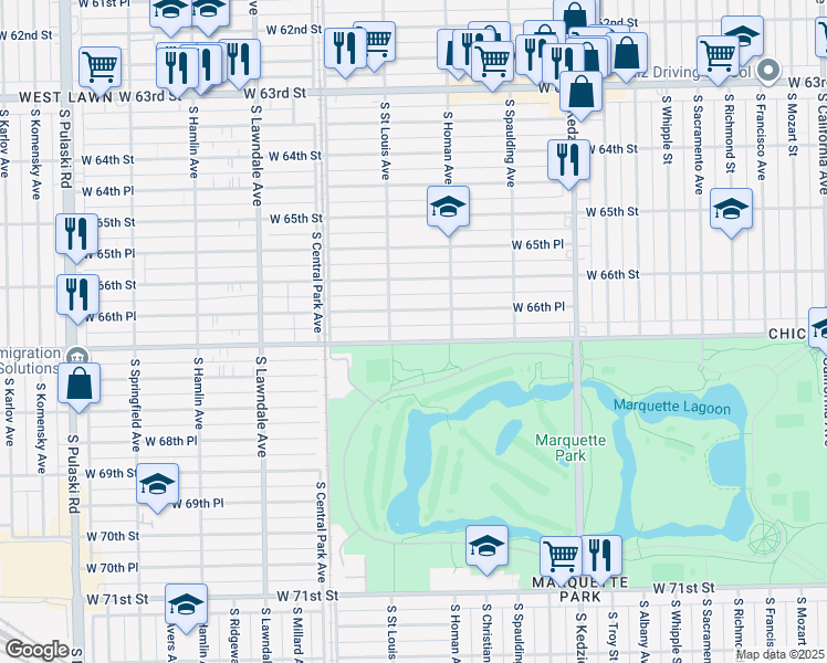 map of restaurants, bars, coffee shops, grocery stores, and more near 3440 West Marquette Road in Chicago