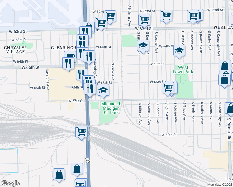 map of restaurants, bars, coffee shops, grocery stores, and more near 6633 South Knox Avenue in Chicago