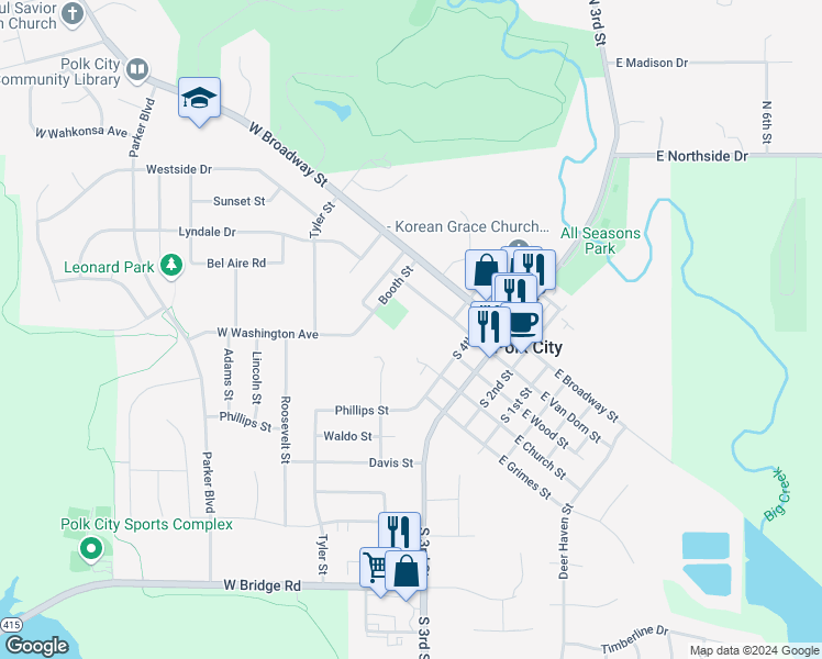 map of restaurants, bars, coffee shops, grocery stores, and more near 602 Van Dorn Street in Polk City