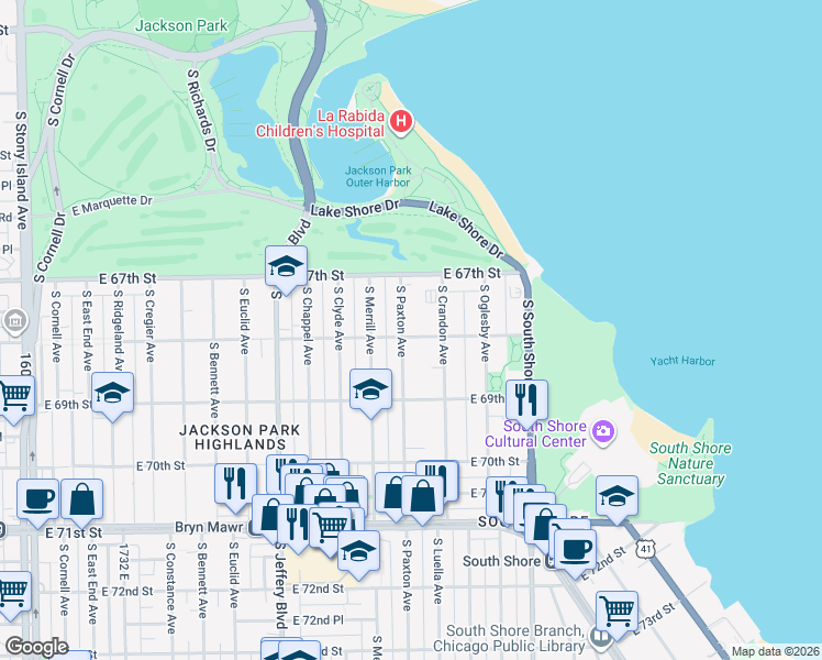 map of restaurants, bars, coffee shops, grocery stores, and more near 6755 South Paxton Avenue in Chicago