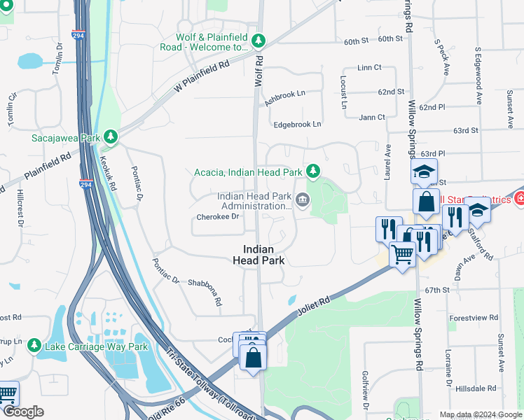 map of restaurants, bars, coffee shops, grocery stores, and more near 63 Westwood Square in Indian Head Park