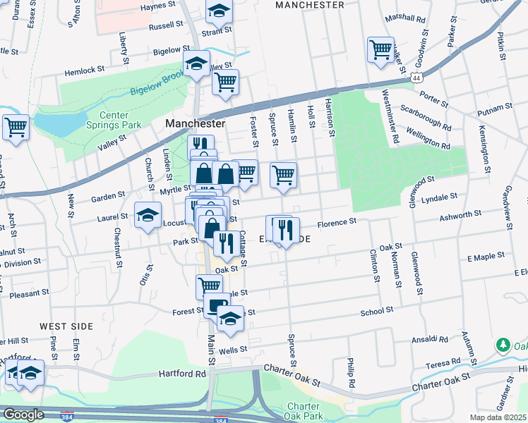 map of restaurants, bars, coffee shops, grocery stores, and more near 75 Birch St in Manchester
