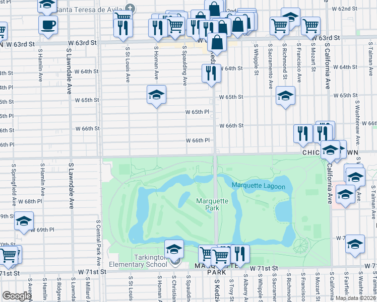 map of restaurants, bars, coffee shops, grocery stores, and more near 3250 West Marquette Road in Chicago