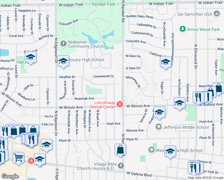 map of restaurants, bars, coffee shops, grocery stores, and more near 746 North Glenwood Place in Aurora
