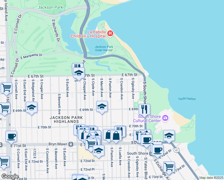 map of restaurants, bars, coffee shops, grocery stores, and more near 2202 East 68th Street in Chicago