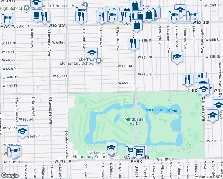 map of restaurants, bars, coffee shops, grocery stores, and more near 3322 West Marquette Road in Chicago