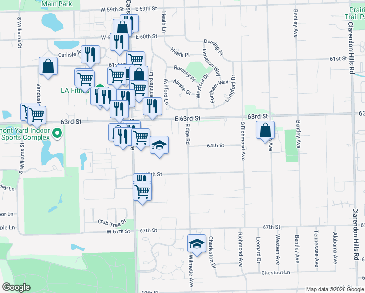 map of restaurants, bars, coffee shops, grocery stores, and more near 1300 Ridge Road in Westmont
