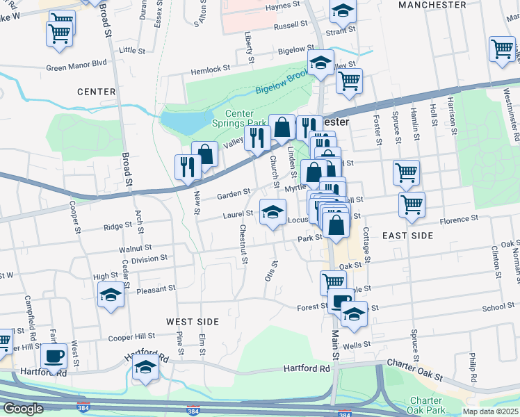 map of restaurants, bars, coffee shops, grocery stores, and more near 23 Laurel Street in Manchester