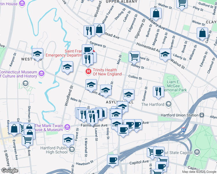 map of restaurants, bars, coffee shops, grocery stores, and more near 19 Townley Street in Hartford