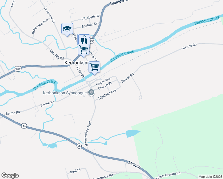 map of restaurants, bars, coffee shops, grocery stores, and more near Terrace Street in Kerhonkson